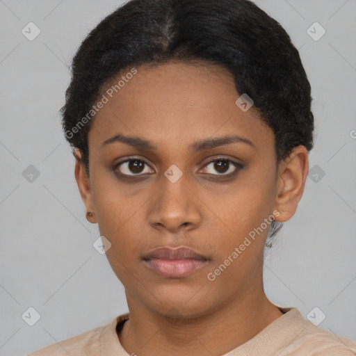 Neutral black young-adult female with short  black hair and brown eyes