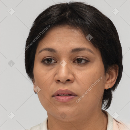 Joyful latino adult female with medium  brown hair and brown eyes