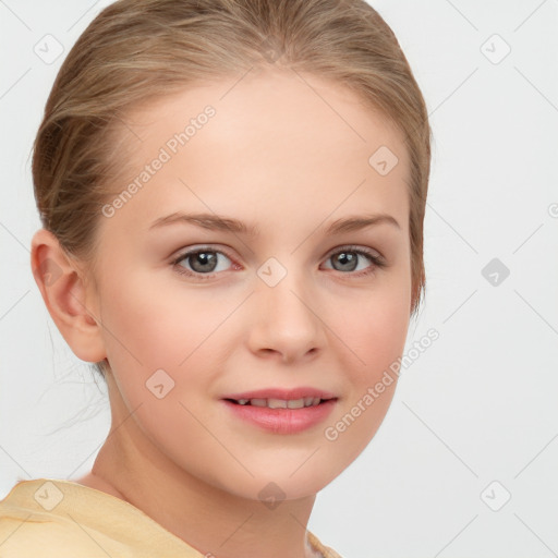 Joyful white child female with medium  brown hair and brown eyes