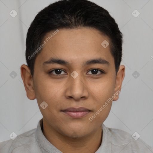 Joyful latino young-adult male with short  brown hair and brown eyes