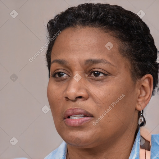 Joyful black adult female with short  brown hair and brown eyes