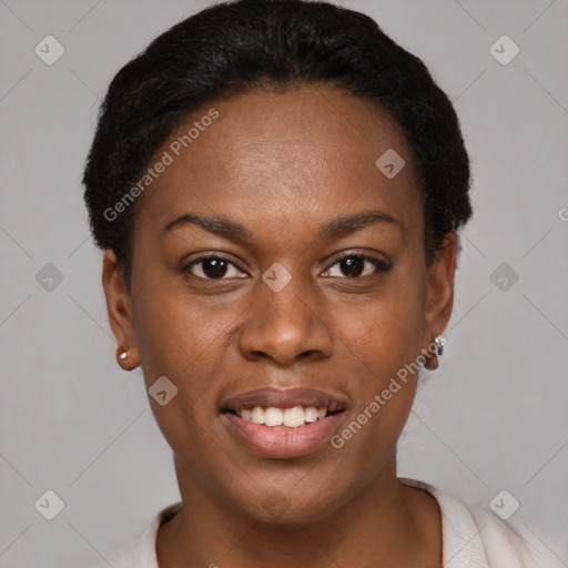 Joyful latino young-adult female with short  black hair and brown eyes