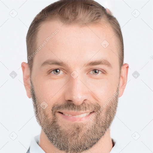 Joyful white adult male with short  brown hair and grey eyes