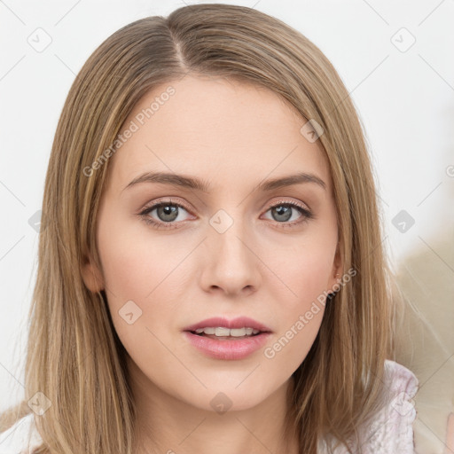 Neutral white young-adult female with long  brown hair and grey eyes