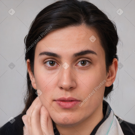 Neutral white young-adult female with medium  brown hair and brown eyes