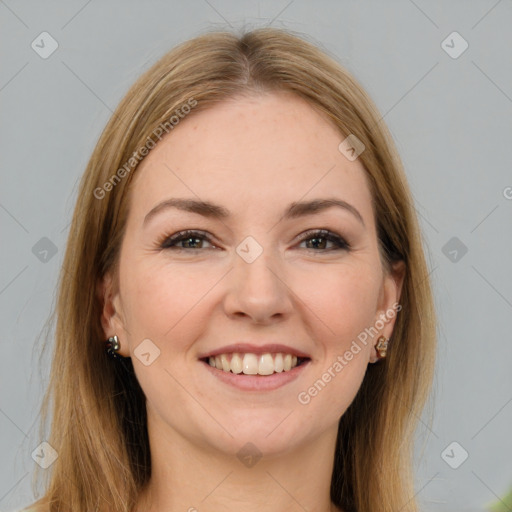 Joyful white young-adult female with long  brown hair and brown eyes