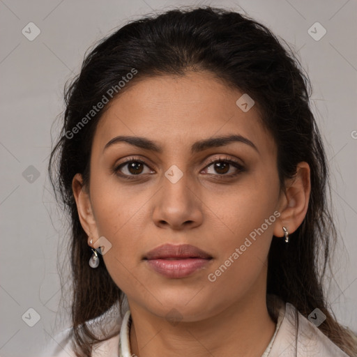 Joyful latino young-adult female with medium  brown hair and brown eyes