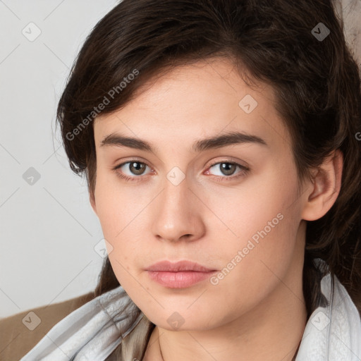 Neutral white young-adult female with medium  brown hair and brown eyes