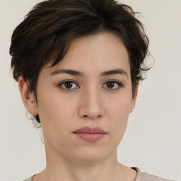 Neutral white young-adult female with short  brown hair and brown eyes