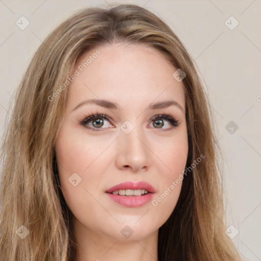 Joyful white young-adult female with long  brown hair and green eyes