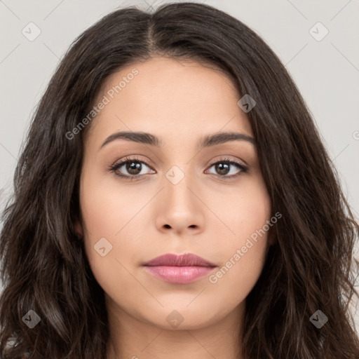 Neutral white young-adult female with long  brown hair and brown eyes