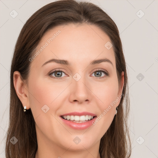 Joyful white young-adult female with long  brown hair and grey eyes