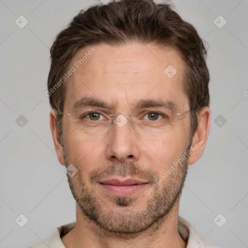 Joyful white adult male with short  brown hair and grey eyes