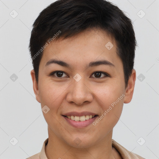 Joyful white young-adult female with short  brown hair and brown eyes