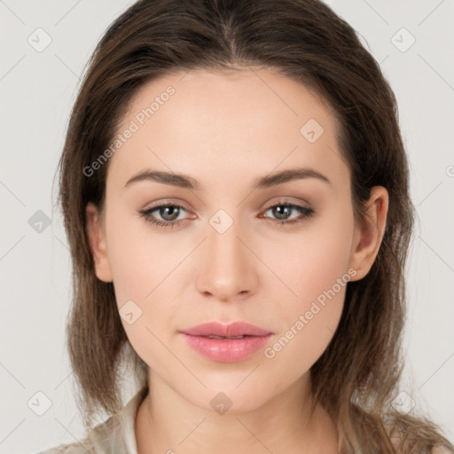 Neutral white young-adult female with medium  brown hair and brown eyes