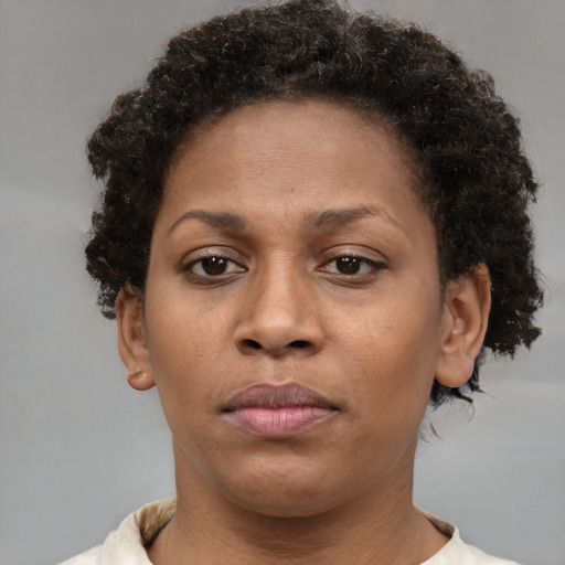 Neutral black adult female with short  brown hair and brown eyes