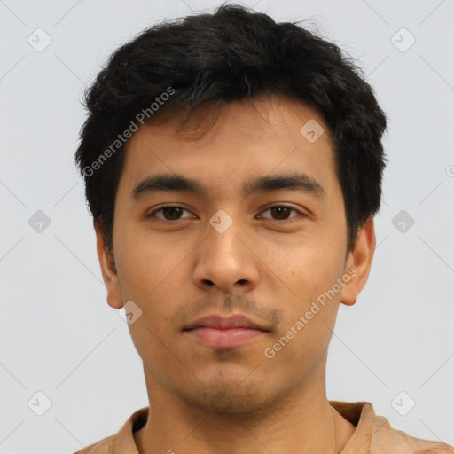 Neutral asian young-adult male with short  black hair and brown eyes