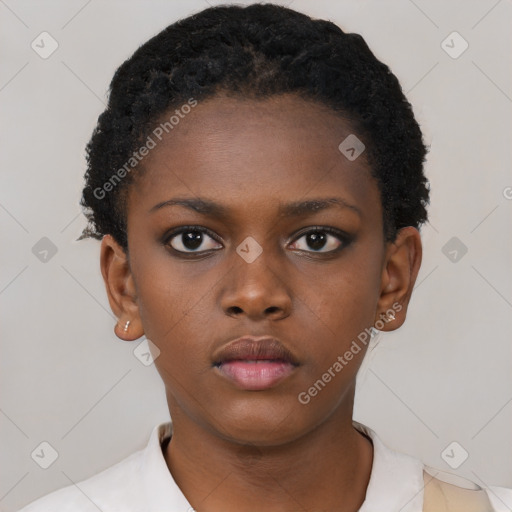 Neutral black young-adult female with short  brown hair and brown eyes