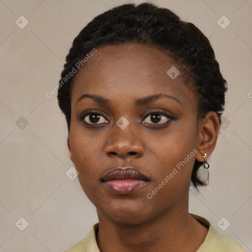 Neutral black young-adult female with short  black hair and brown eyes