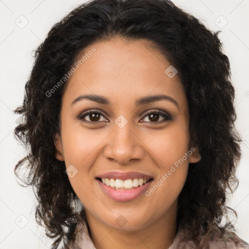 Joyful latino young-adult female with long  brown hair and brown eyes