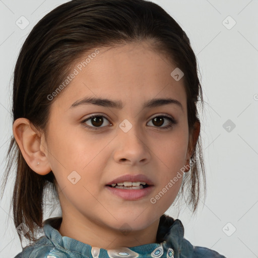 Joyful white child female with medium  brown hair and brown eyes