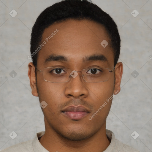 Neutral black young-adult male with short  brown hair and brown eyes
