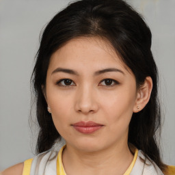 Neutral asian young-adult female with medium  brown hair and brown eyes