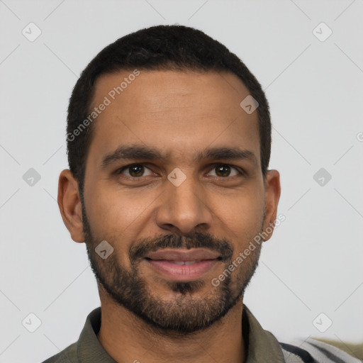 Joyful latino young-adult male with short  black hair and brown eyes