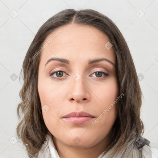 Neutral white young-adult female with medium  brown hair and brown eyes