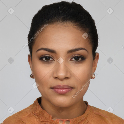 Joyful latino young-adult female with short  black hair and brown eyes