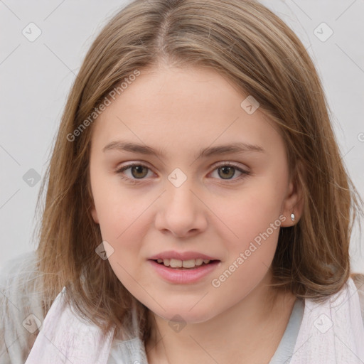 Joyful white child female with medium  brown hair and brown eyes