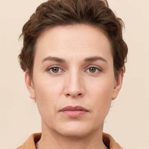 Neutral white young-adult female with short  brown hair and brown eyes