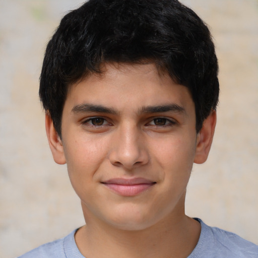 Joyful latino young-adult male with short  brown hair and brown eyes