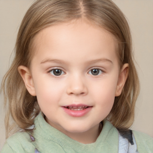 Neutral white child female with medium  brown hair and grey eyes