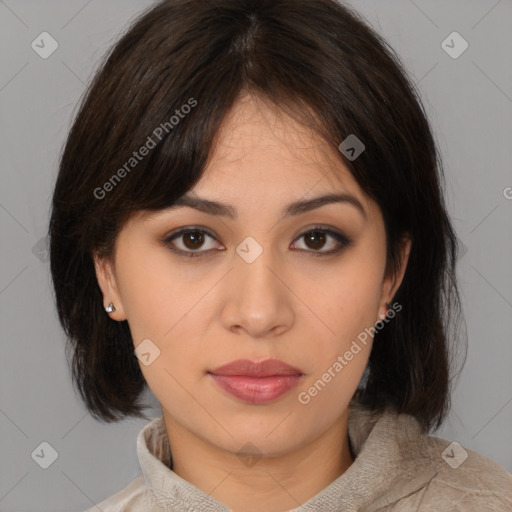 Neutral white young-adult female with medium  brown hair and brown eyes