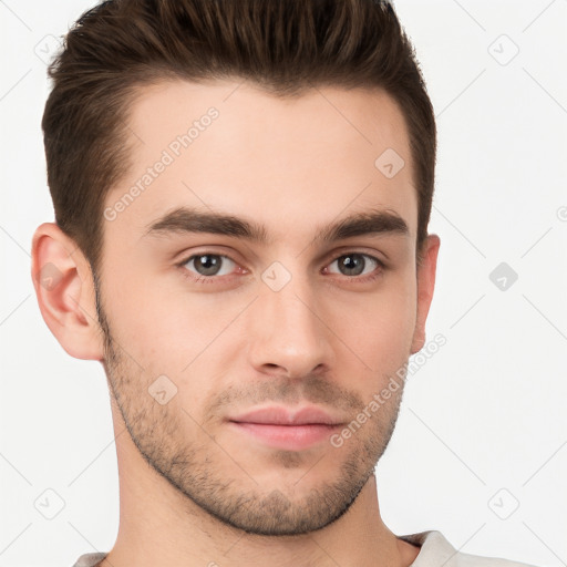 Neutral white young-adult male with short  brown hair and brown eyes