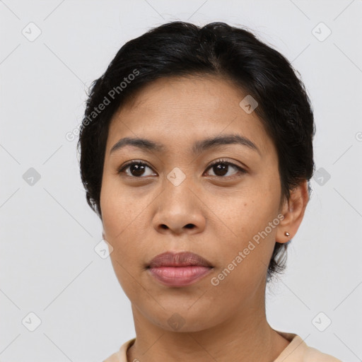 Neutral asian young-adult female with short  brown hair and brown eyes