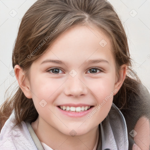 Joyful white child female with medium  brown hair and grey eyes