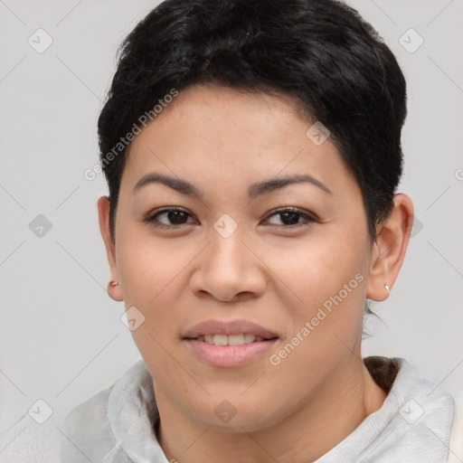 Joyful asian young-adult female with short  brown hair and brown eyes