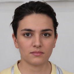 Neutral white young-adult female with short  brown hair and brown eyes