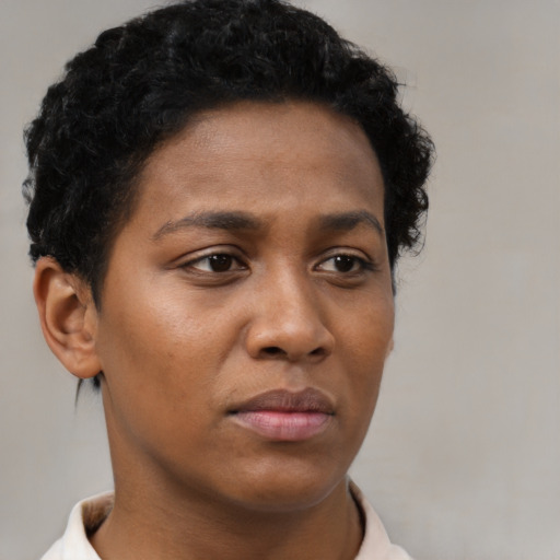 Neutral black young-adult female with short  brown hair and brown eyes