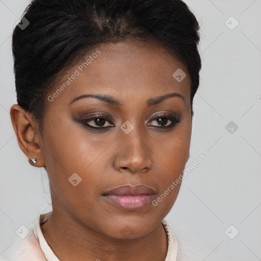 Neutral black young-adult female with short  brown hair and brown eyes