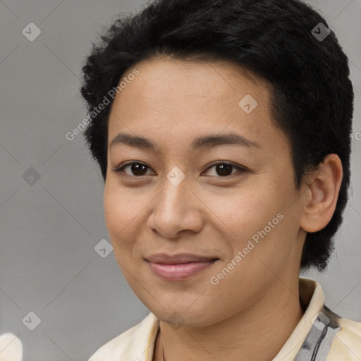 Joyful latino young-adult female with short  brown hair and brown eyes