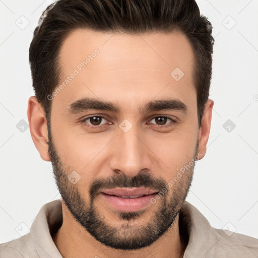 Joyful white young-adult male with short  brown hair and brown eyes