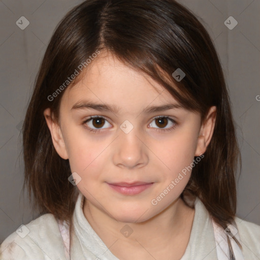 Joyful white child female with medium  brown hair and brown eyes