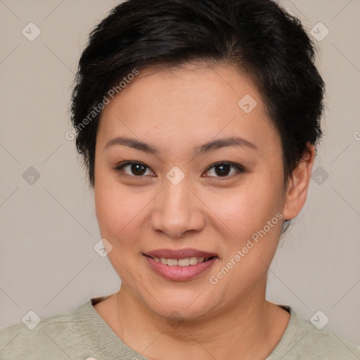 Joyful asian young-adult female with short  brown hair and brown eyes