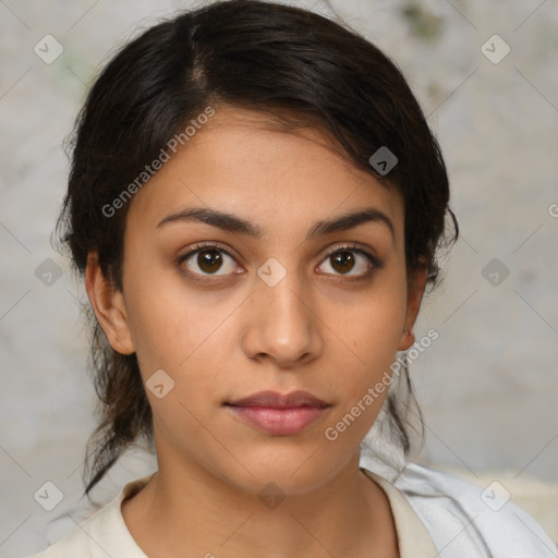 Neutral latino young-adult female with medium  brown hair and brown eyes