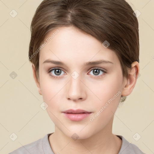 Neutral white young-adult female with short  brown hair and brown eyes