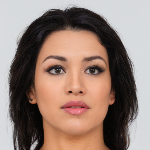 Neutral asian young-adult female with long  brown hair and brown eyes