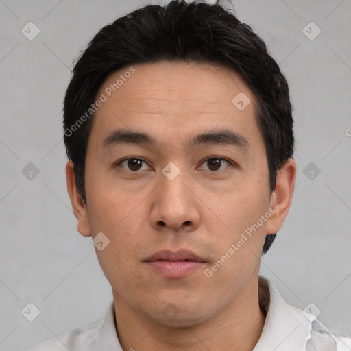 Neutral asian young-adult male with short  black hair and brown eyes